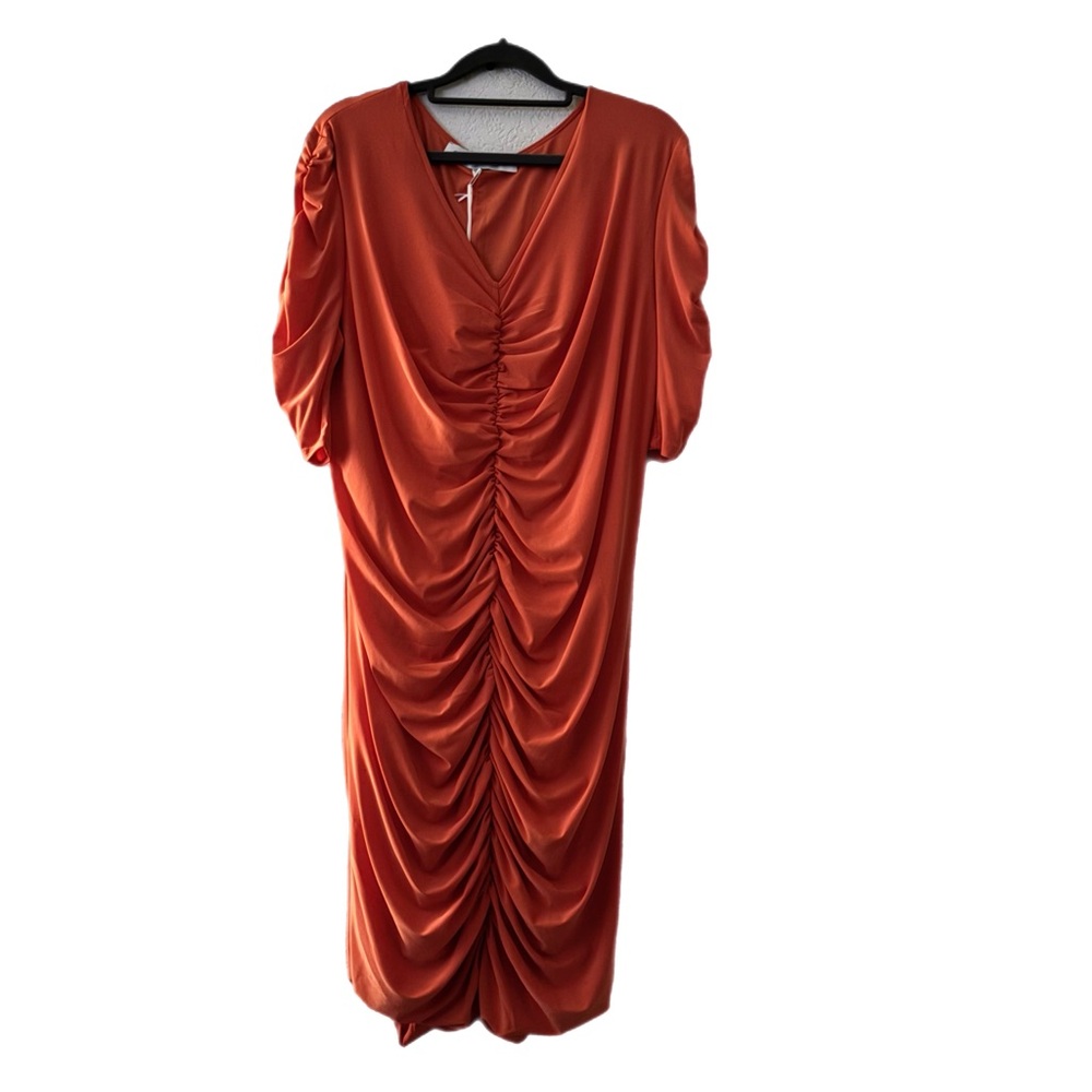 Chic Ruched Midi Dress in Vibrant Orange